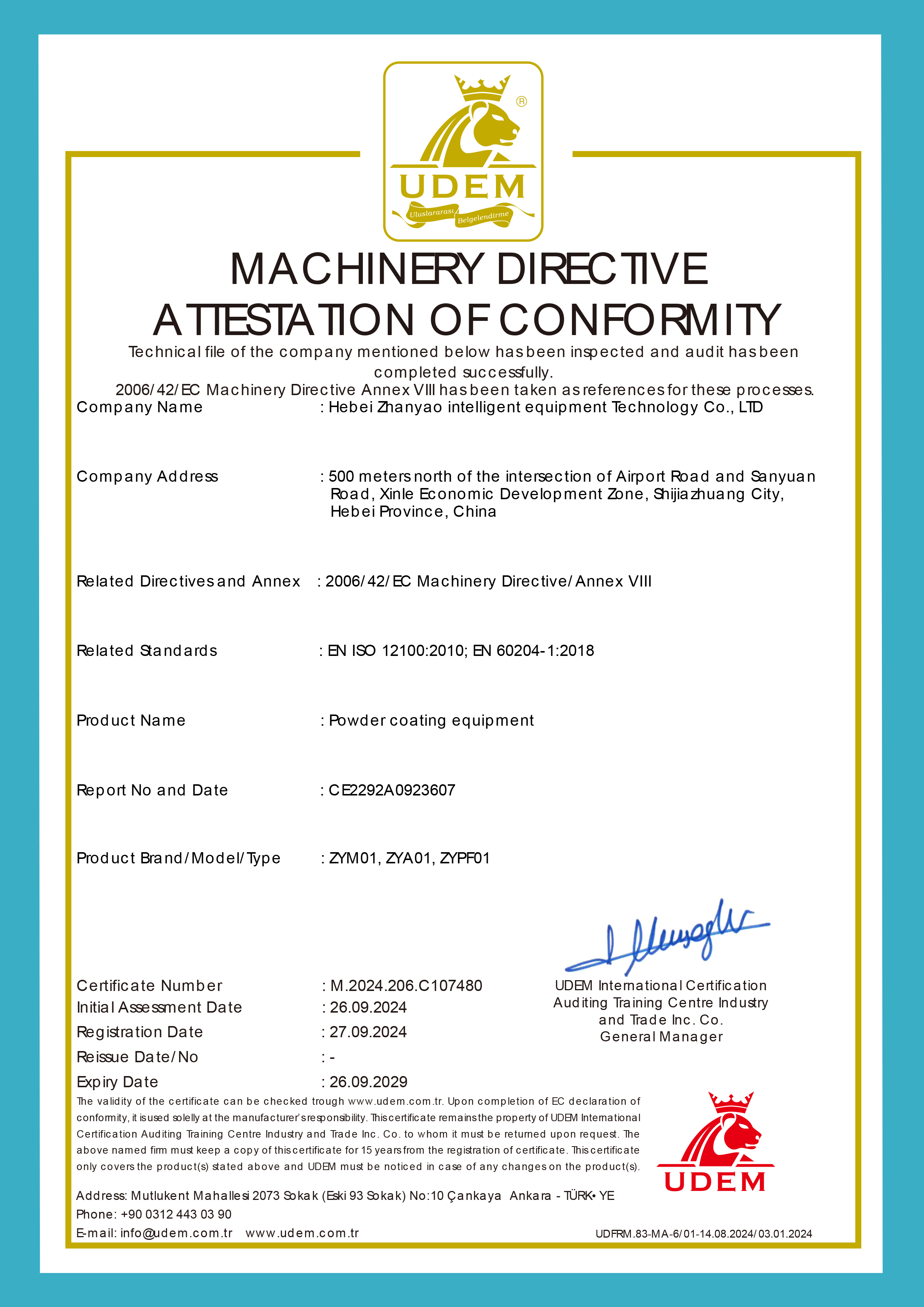 MACHINERY DIRECTIVE ATTESTATION OF CONFORMITY